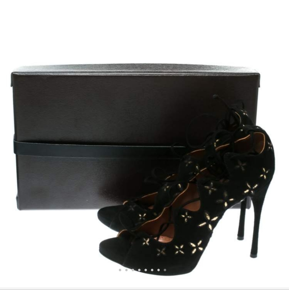 ALAIA |New in Box Black Suede w/Metallic Gold Floral Trim Open Toe Pumps S… - Picture 2 of 16